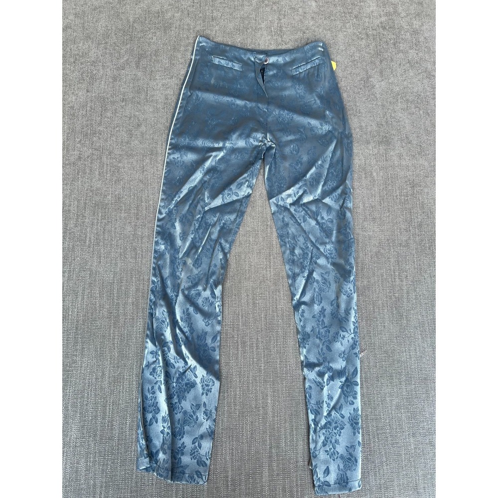 Vintage Sharagano Paris Pants Womens 2 Blue Floral Satin Jacquard Brocade Flare